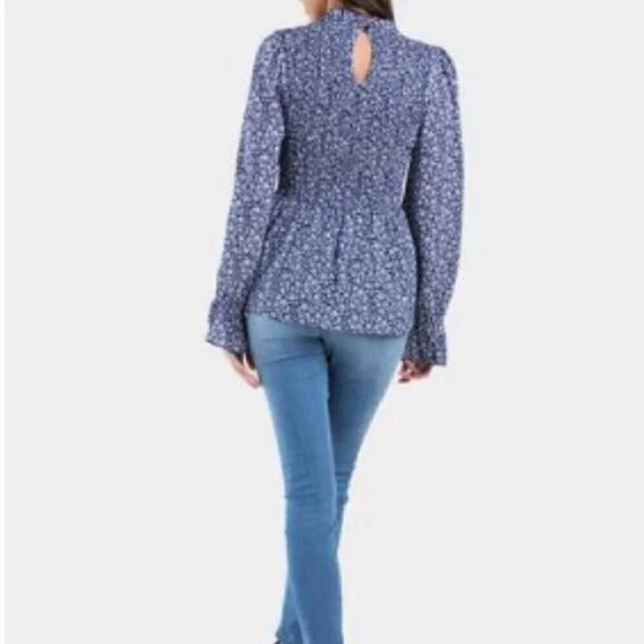 Mi ami, Size M, Halana, Blue Floral High Neck Blouse, Smocked Upper, Ruffle Hem - Picture 16 of 16